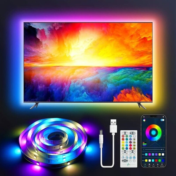LED TV-stripe 3m RGBIC lysstripe med USB-app fjernkontroll flerfarget bakgrunnsbelysning for TV-speil og skjerm--