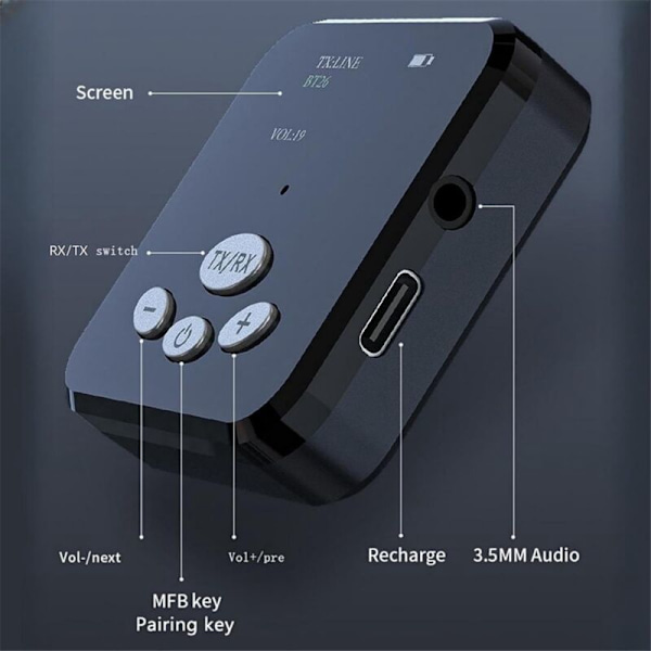 Bluetooth 5.0 Sender Modtager, HiFi Trådløs Lydadapter, 2 i 1 Bluetooth Adapter, 3,5 mm Bluetooth Lydadapter