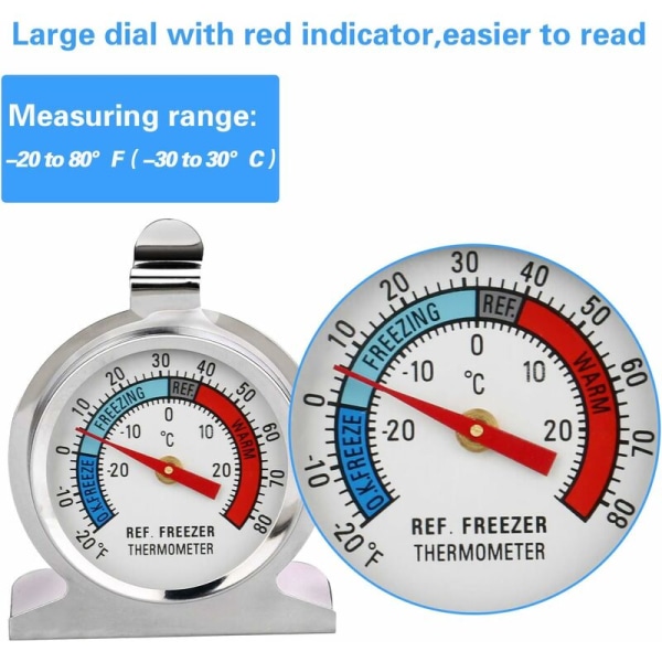 3 stk kjøleskapstermometer Stor skive rustfritt stål temperaturmåler for fryser kjøler med hengekrok og stativ