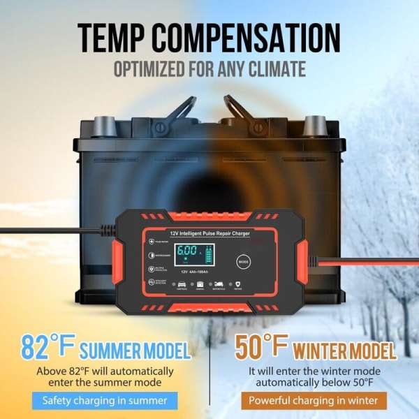 12V 6A Intelligent Bilbatterilader 12V Bilbatteri Vedligeholdelse Desulfator med Temperaturkompensation--