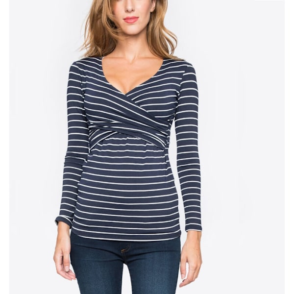 Kvinde Maternity Amning Toppe Langærmet Toppe Casual Stribet Bluse Toppe Skjorte til Gravide Navy Blue L