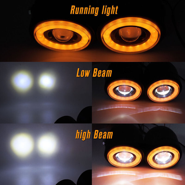 Universal LED-strålkastare Dubbla Runda Lampor Ängelögon Halvljus Retro DRL Vit Gult Ljus