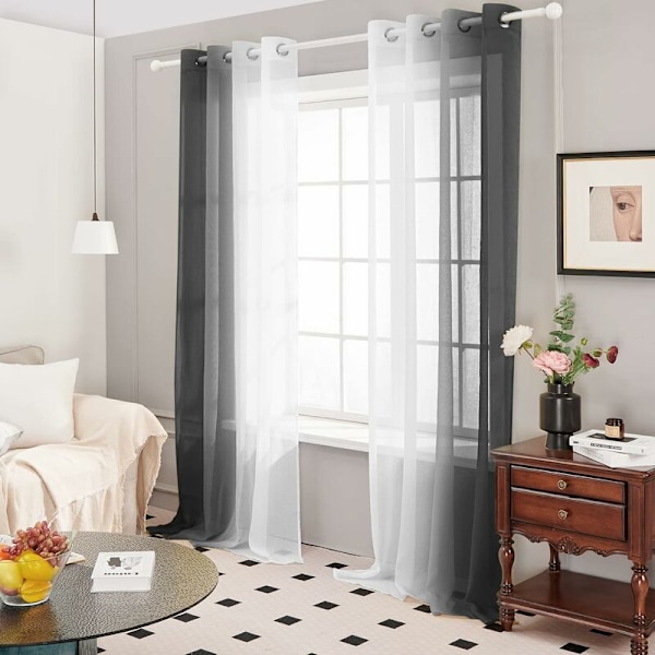 Set med 2 transparenta gardiner, öljettgardin dekoration, 132×213 CM, gradientfärg för barn flickor sovrum vardagsrum hem fönster balkong, svart