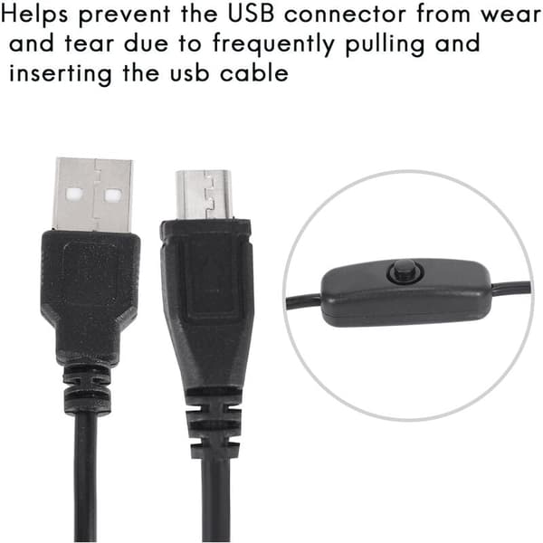 Micro-USB-kabel med på/av-bryter for Raspberry Pi og telefonlading