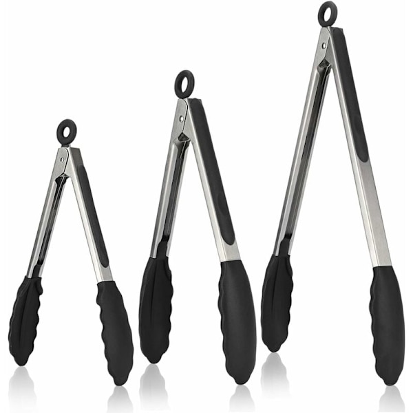 Sæt med 3 Grilltang i Rustfrit Stål Køkkenredskaber med Varmebestandig Silikonkeglehåndtag Non-Stick Buffet Tang, BPA Fri (Sort)-Fei Yu