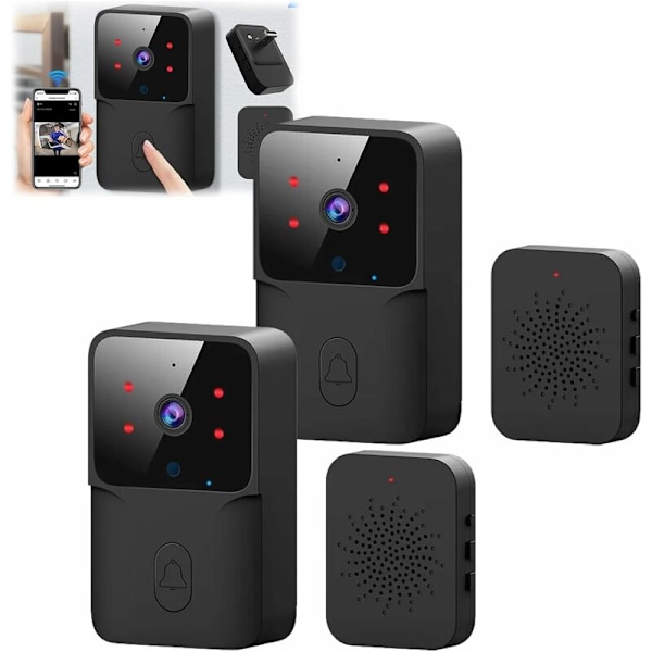 DoorDefender, trådløs videodørklokke med kamera, WiFi smart videodørklokke, smart videodørklokke, trådløs smart videodørklokke med ringeklokke (sort-
