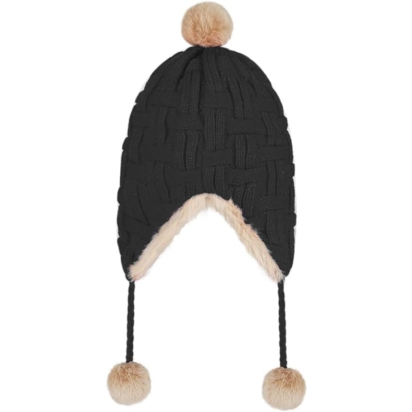 Kvinders strikhue Vinter Uldforet Pom Pom Beanie Peruhue Varm strikket Øreværn Hat Fortykket Beanie