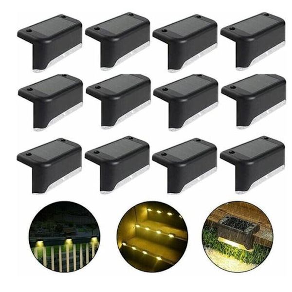 Vandafvisende Solcellehegnlys, Solterrasselys, Trappelampe, IP65 LED Solhavelys til Terrasse Trappehegn (Varmt Lys-Sort, 12 STK)