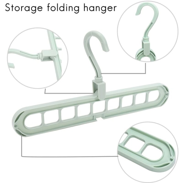 Organizerhängare, roterande halkfria hängare, platsbesparande hängare, hopfällbara förvaringshängare, set med 5 standard 9-håls hängare, grönt robust plast