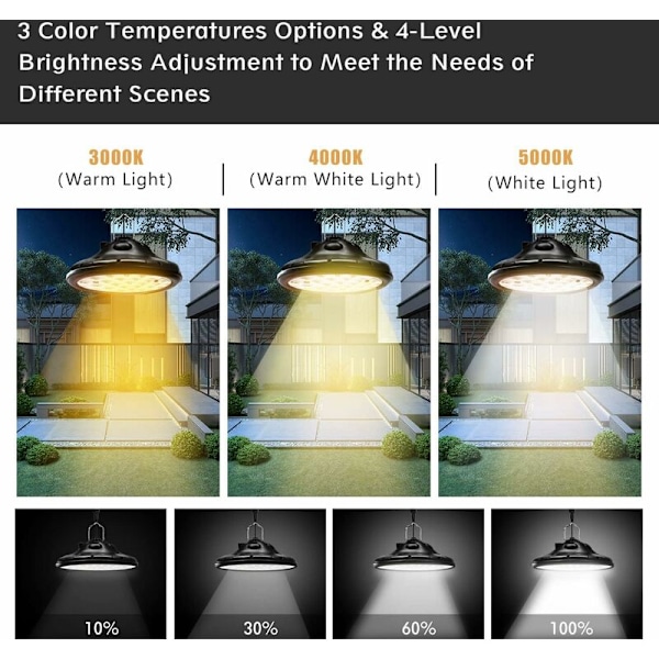 100 LED'er 1200LM Solcellelys Udendørs Indendørs, 3 Tilstande Solcelle Hængende Lys, Justerbart Solpanel, 4 Lysstyrke med Fjernbetjening, IP66 Vandafvisende Solcelle L