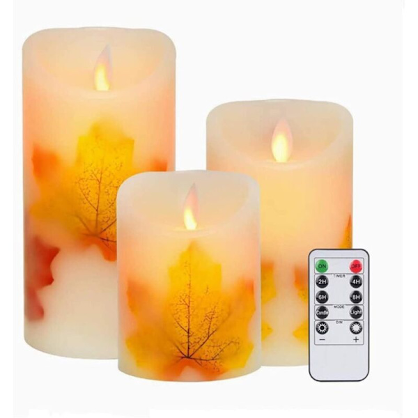 Maple Leaf LED-ljus, set om 3, varmvitt, flamlöst, batteridrivet, med flimrande veke, fjärrkontroll och timer för dekoration, bröllop (Maple Le