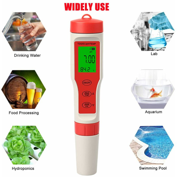 Digital pH-mätare, 0,01 upplösning 0-14pH 4 i 1 TDS EC temperaturmätare, vattenkvalitetstestare med bakgrundsbelyst LCD, automatisk kalibrering, test