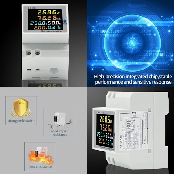 Digital Energimätare, AC 40-300V 100A Digital Elmätare DIN Elektrisk Delmätare Watt KWh Voltmeter Amperemeter