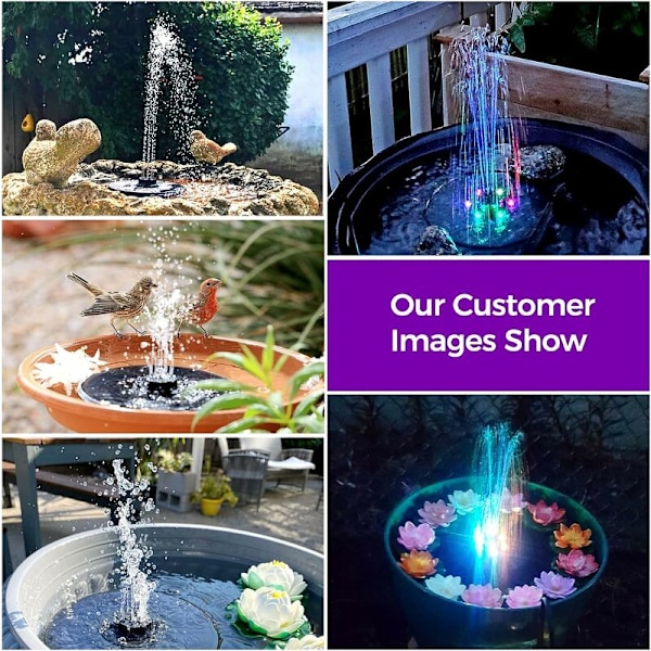 Solcellsfontänpump med 6 färgglada LED-lampor och 7 fontänstilar, 4-i-1 solpump för fågelbad, damm, fiskdamm, akvarium, trädgård