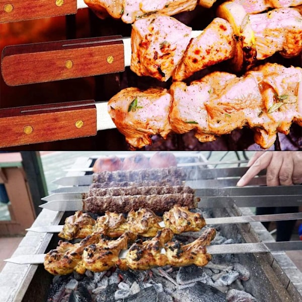 Grillspydder, Grillspydder, Ekstra Lange 50 cm Grillspydder i Rustfritt Stål med Solid Trehåndtak, Sett med 8 - RWBBQ Utstyr