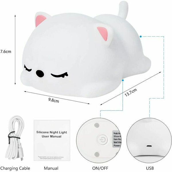 Bærbar Natlampe til Børn, 7 Farver LED Silikon Kattelampe, Baby Soveværelseslampe, USB Genopladelig Sød Farveskiftende Lampe Julegave Fødselsdagsgave