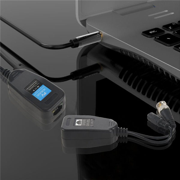 HD-CVI/TVI/AHD passiivinen video balun virtalähdeliittimellä ja RJ45 CAT5 datalähettimellä 1 pari
