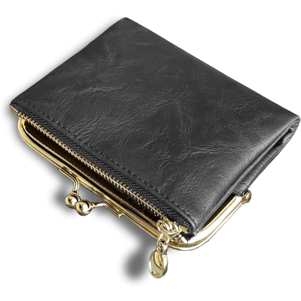 Lommebok for kvinner Liten RFID-lommebok for kvinner Kompakt bi-foldet lær vintage myntveske med glidelås og kysselås (grå)