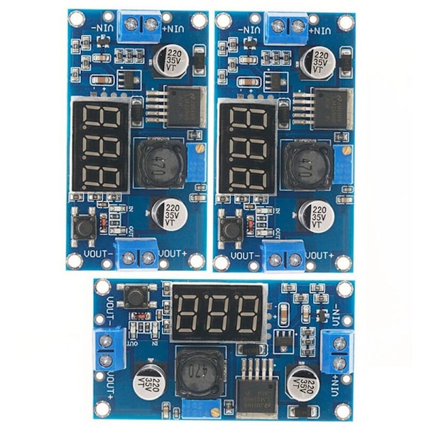 3 stk LM2596 DC-DC Justerbar Step-Down Konverter Spenningsregulator LED-Skjerm Voltmeter 4,0-40V til 1,25-37V