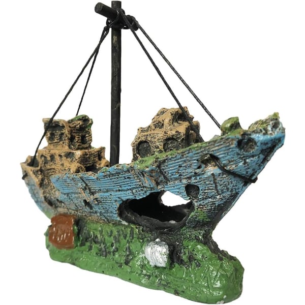 Harpiksbåtdekorasjon for akvarium - Sunken Ship Wreck-dekorasjon - Akvariumdekorasjon for fersk- og saltvannsakvarier