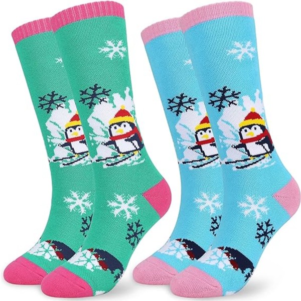Varme vintersokker for skisport for barn, 2 par knehøye fargerike ski snowboard walking varme sokker som passer for 7-12sui