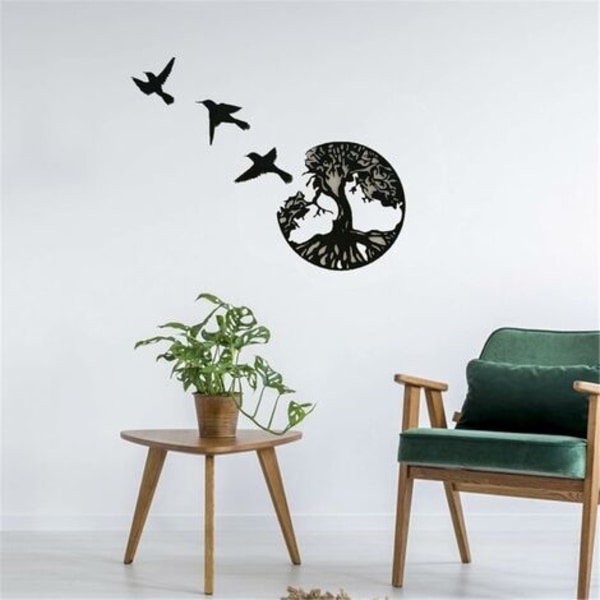 11" Black Metal Tree of Life Väggkonst - 3 Flying Birds Väggskulptur