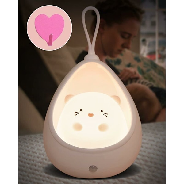 Moxtoyu Søt Katt Barnenattlys, Baby nattlys med sensor, Oppladbar barnenattlys med krok, Varmt hvitt LED nattlys