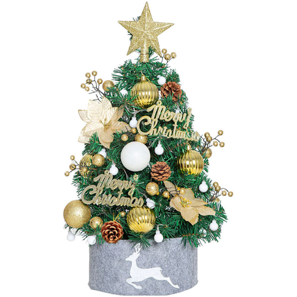 Mini 60CM Forhåndsopplyst Juletre, LED Kunstig Juletre med Lyslenke og Pynt, Lite Juletre