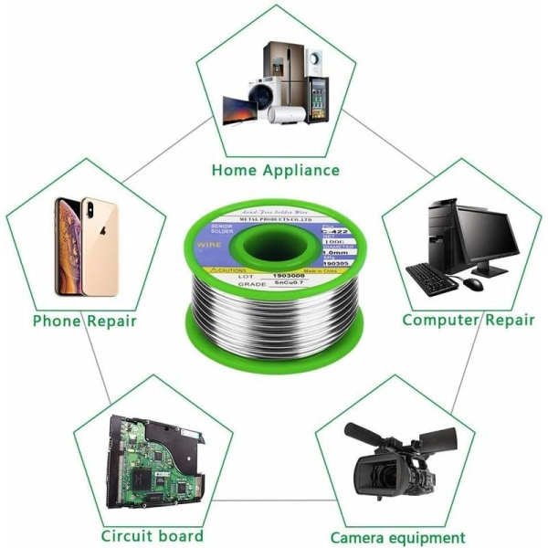 Loddetråd, 1,0 mm loddetråd til lodning, Sn 99,3% Cu 0,7% blyfri loddetråd med harpikskerne, til elektrisk lodning (100g)