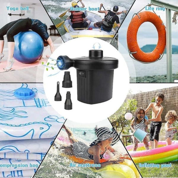 Elektrisk luftpumpe, elektrisk pumpe, luftmadrass, elektrisk pumpe, luftpumpe med 3 luftmunnstykker for infla