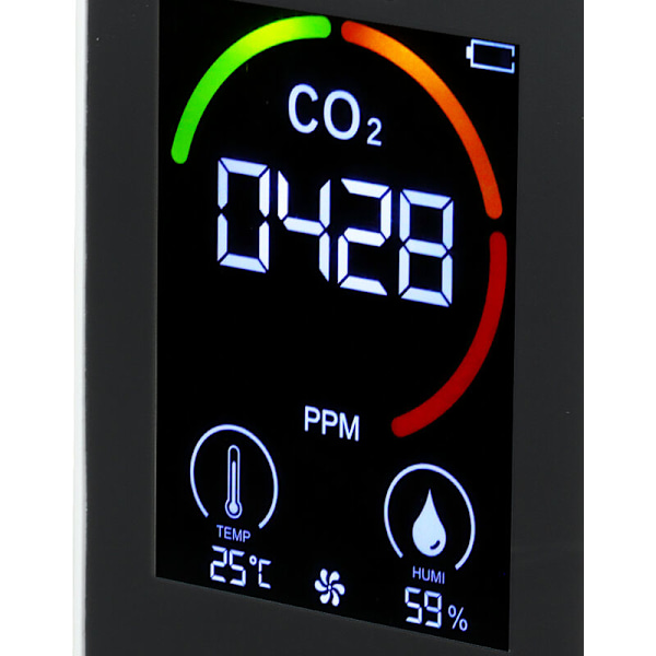 CO2-detektor med skjerm, ABS-batteri, USB-lading, multifunksjonell CO2-monitor, for innendørs, kontor, soverom