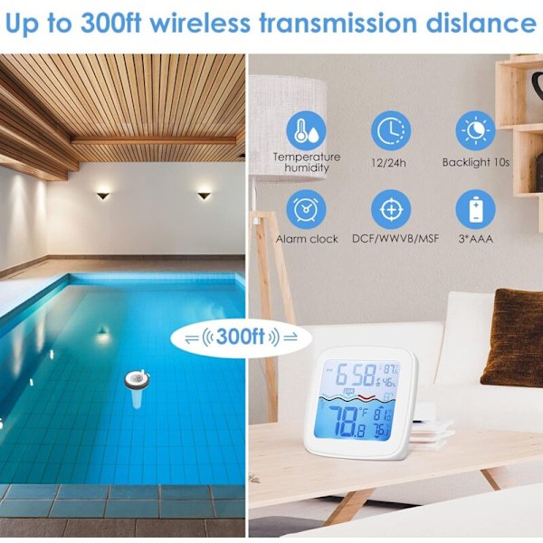 Nem at Læse Flydende Trådløs Pool Termometer, Digital Pool Termometer, Udendørs/Indendørs Termometre til Swimmingpools, Spas og Hot Tubs