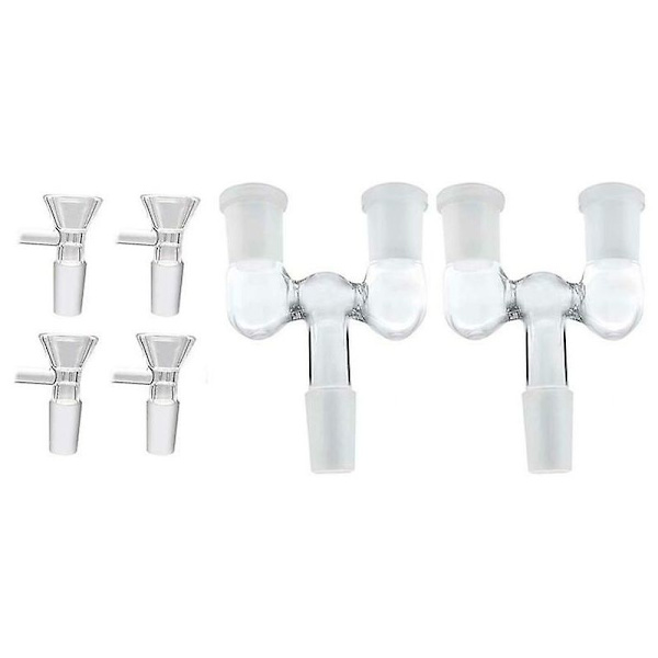 Glasrørsadapter, 2 stk. 14 mm han til dobbelt 14 mm hun med 4 stk. 14 mm transparent glas