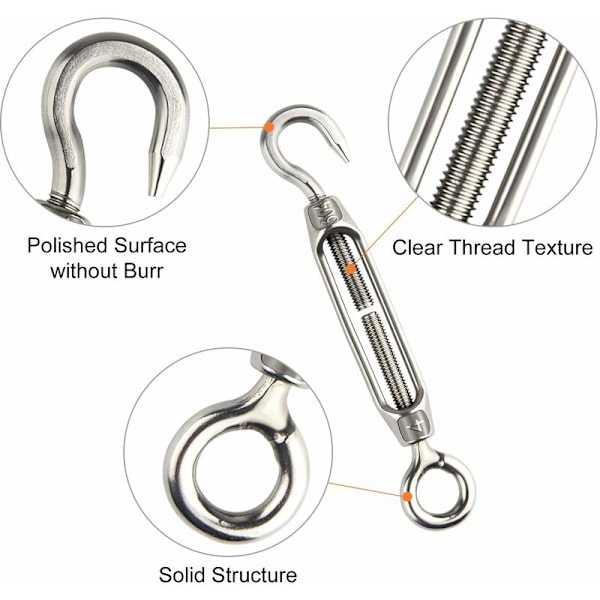 10 stk. Wire Tensioner M4 Rustfritt Stål Justerbar Turnbuckle Haken og Øye Sett