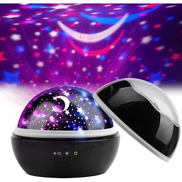Barne nattlys stjerne og havlys projeksjon 360° rotasjon projektorlampe 8 fargemoduser for soverom bursdagsfest julegaveidé, svart