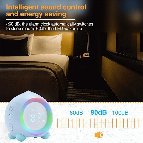 Digital vækkeur til piger & drenge, USB vækkeur til soveværelset med solnedgangssimulator, lydfølsomt vækkeur med natlampe LED, lydløs