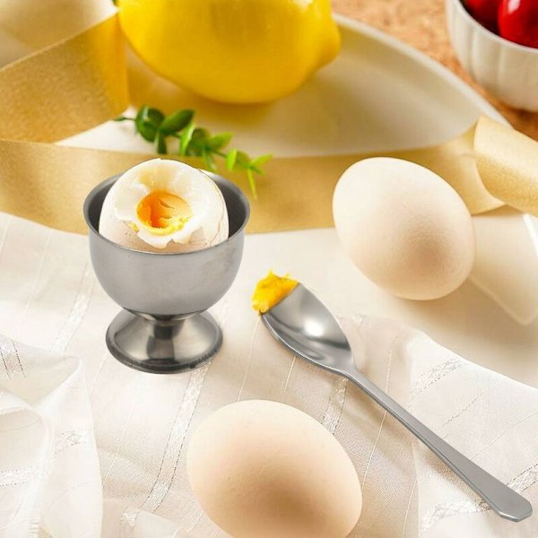 Eggkopper i rustfritt stål, sett med 12 i rustfritt stål, bestående av 6 eggkoppholdere og 6 eggeskjeer
