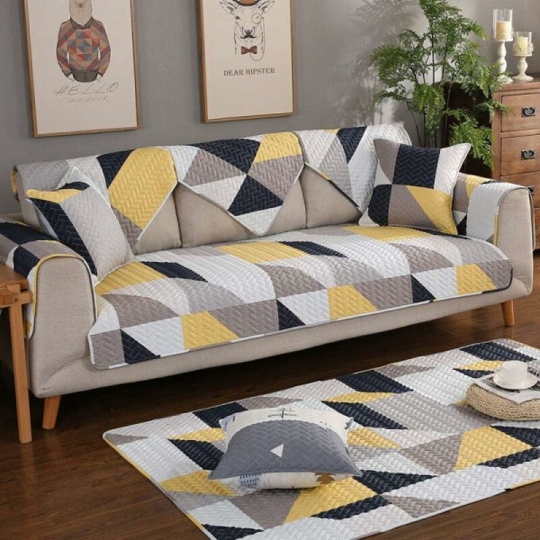 Segmenterat soffskydd för hörnsoffa, soffskydd för barn hund katt, geometrisk tryckt bomullssoffa-triangel 110×180cm