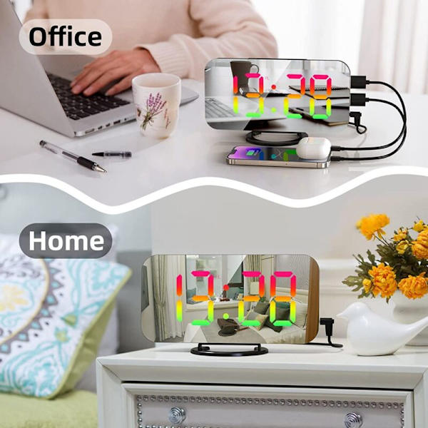 RGB digital väckarklocka för sovrum, 6,5 tum HD och spegelscreen med 4 RGB-färgväxling och 7 vanliga färgciffror B