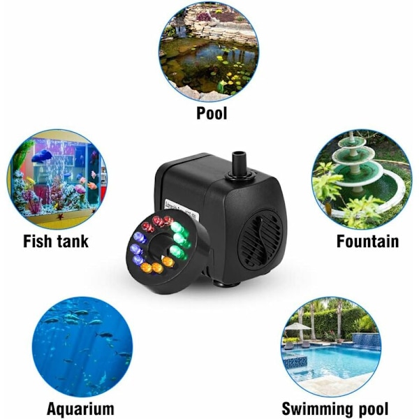 Stille Fontene Pumpe Neddykbar Vannpumpe med Justerbar Vannstrøm med 12 Fargerike LED-lys for Akvarium Fontene Hydroponisk Tank og Hage