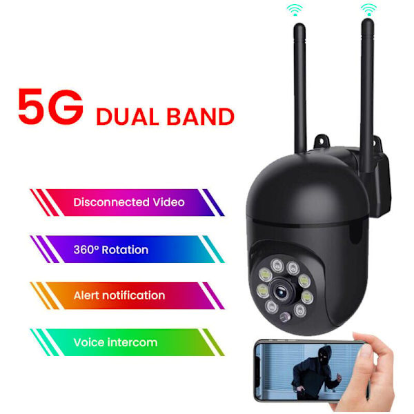 Utomhus IP-övervakningskamera WiFi 2.4 + 5G HD 1080P Zoom x4 Människo-spårning Färg Nattsyn..