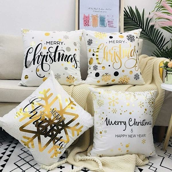 Jul kuddfodral, set om 4 guld snöflinga bomull dekorativt örngott 45 x 45 cm