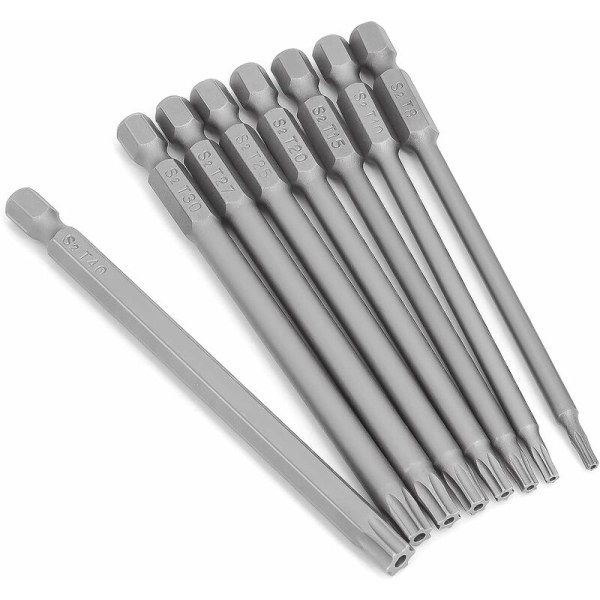 8 kpl pitkä Torx-kärkisarja - 1/4\" magneettinen tähtipää 100 mm pitkä kuusiovarren Torx-voimatyökalusarja (8 kpl 100 mm)