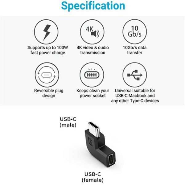 2-pack 90 Graders Vinkel USB 3.1 Typ C Hanadapter till USB-C Adapter för Smartphone Bärbar Anslutning