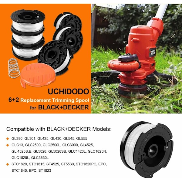 Spole med snor til græstrimmer fra Black & Decker, 6 spoler med snor til buskrydder + 1 spolehætte og 1 fjeder