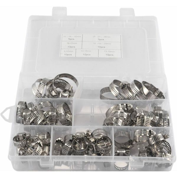 60-delad slangklämmesats, 8-38 mm slangklämmor tillverkade av 201 rostfritt stål, 7 storlekar slangklämmor, rörband, för rör