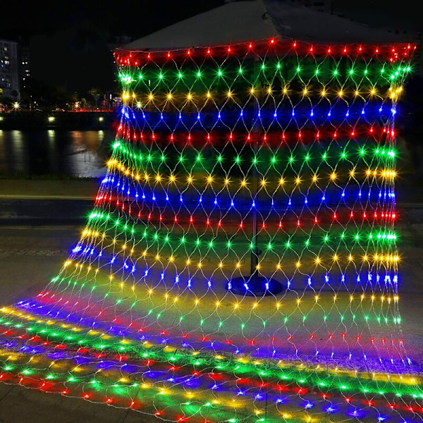 Udendørs lyskæder 144 LED julelysnet - 2 x 2 m - RGB farve - multifarvet - Strømsat af fjernbetjening - Vandafvisende - Julepynt