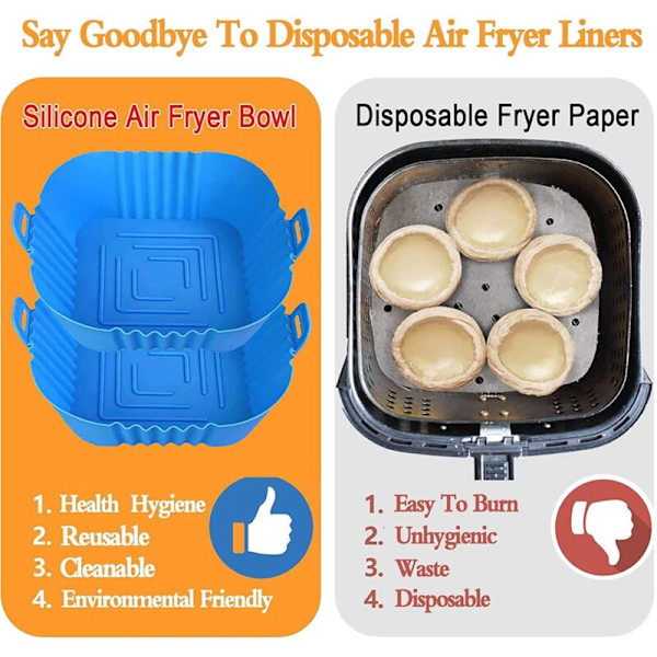 Silikon Air Fryer-gryta, 8,5 tum Återanvändbara Air Fryer-foder, Kvadratiska Air Fryer-tillbehör, Silikon (2 x Blå)