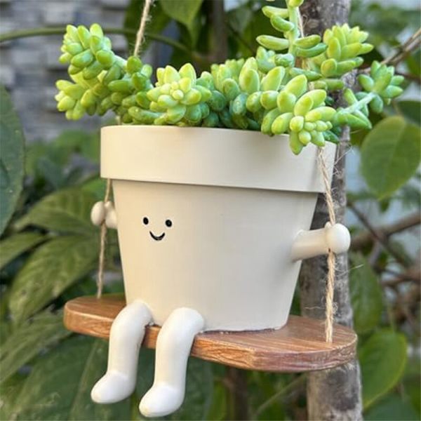 Gungande Planter Swing Face Plantkruka - Söta Hartsplanter i Harts för Inomhus- och Utomhusväxtstöd, Suckulenter