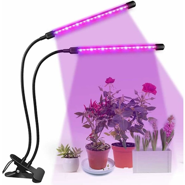 Plantelampe LED 8W Plantelys Plantelampe 2 Hoveder 40 LED Vækstlys Fuld Spektrum Vækstlampe til Indendørs Planter med Timer (Sort-2 Hoveder)